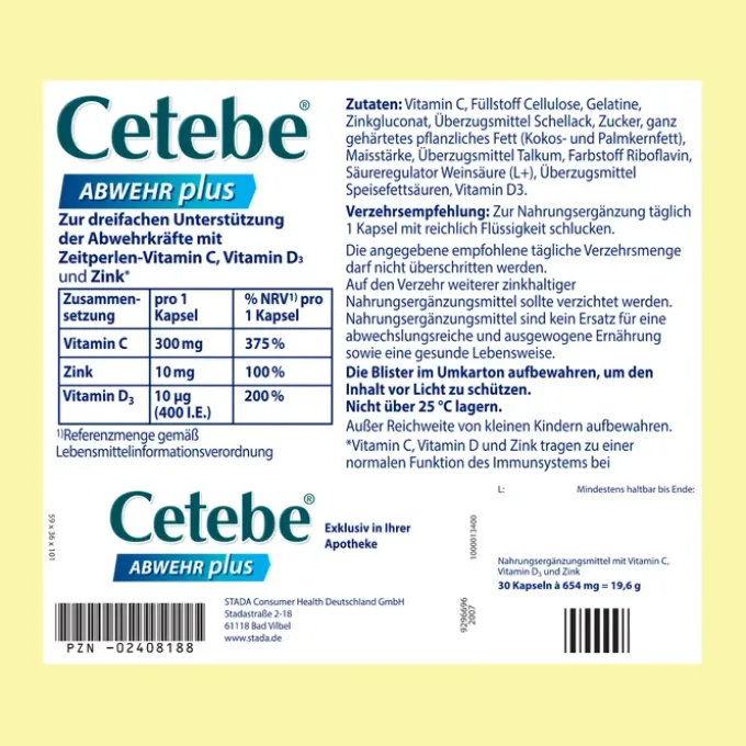 CETEBE ABWEHR plus Vitamin C+Vitamin D3+Zink Kaps. 30 Stück