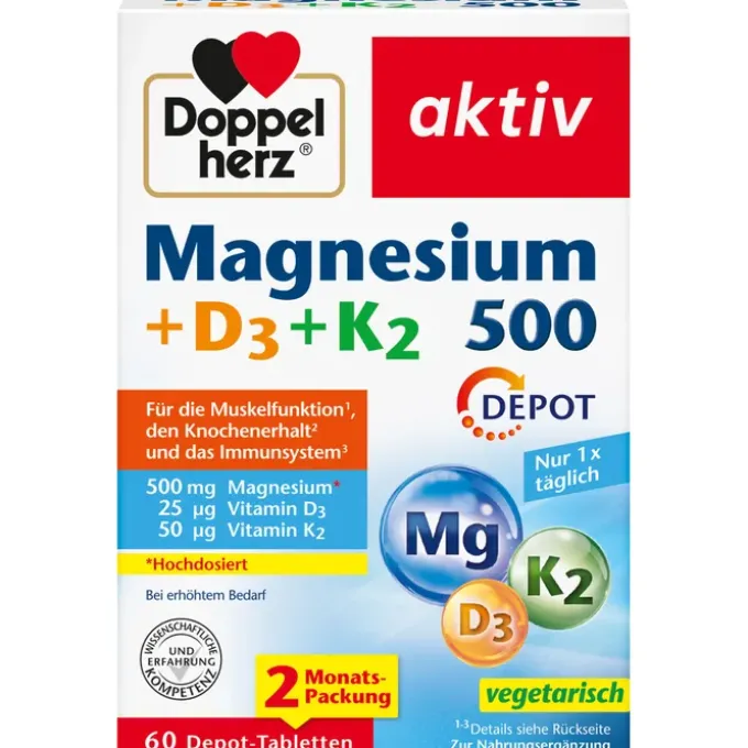 DOPPELHERZ Magnesium 500+D3+K2 Depot Tabletten 60 Stück