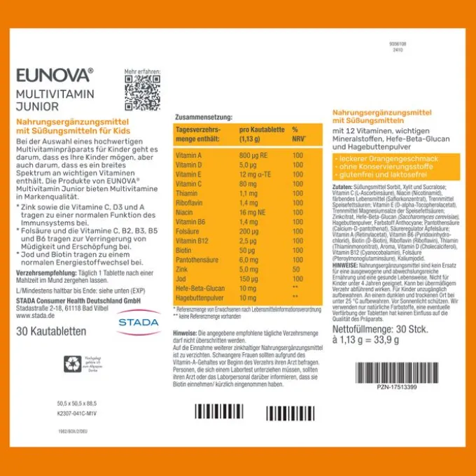 EUNOVA Junior Kautabletten m.Orangengeschmack 30 Stück