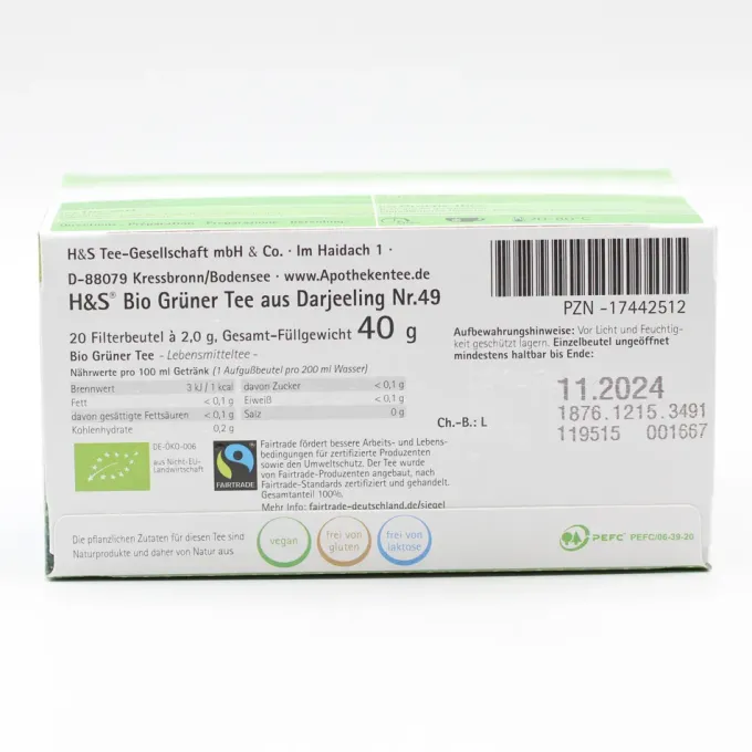H&S Bio Grüner Tee aus Darjeeling Filterbeutel 20 Stück