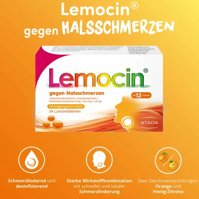 LEMOCIN gegen Halsschmerzen Orangengeschmack Lut. 24 St