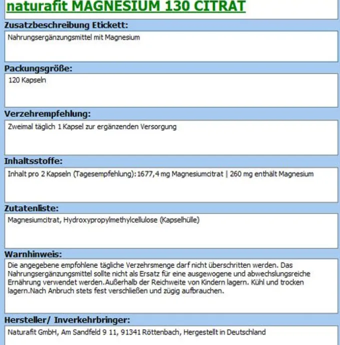 NATURAFIT Magnesium 130 Citr Kapseln 120 Stück