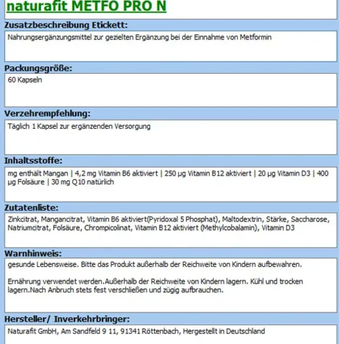 NATURAFIT Metfo Pro N Kapseln 60 Stück