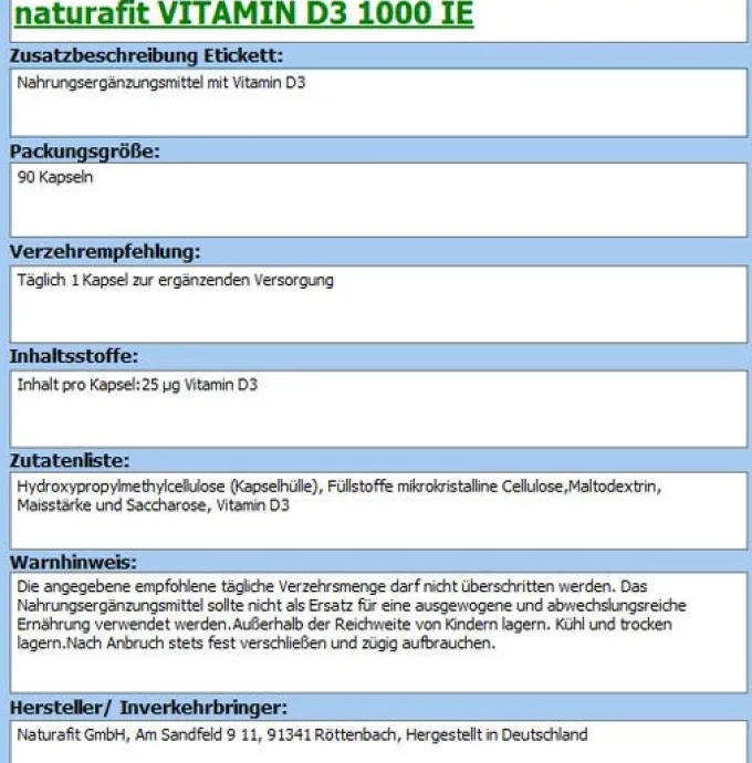 NATURAFIT Vitamin D3 1000 I.E. Kapseln 90 Stück
