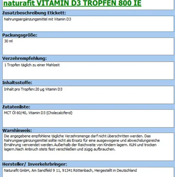 NATURAFIT Vitamin D3 800 I.E. Tropfen 30 ml