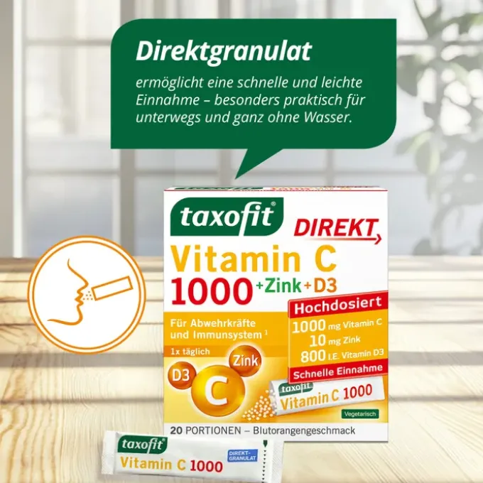 TAXOFIT Vitamin C 1000+Zink+D3 Direkt Granulat 20 Stück